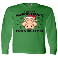 Inktastic Želim hipopotamus za Božić u majici s dugim rukavima Santa Hat
