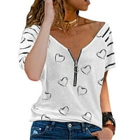 Majice za ženska majica u obliku srca, ukras sa zatvaračem na zatvaraču V-izrez cvjetni ispis s kratkih