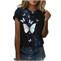 Mikilon Žene Ležerni leptir od tiskanih kratkih rukava okrugli vrat pulover bluza majice na vrhu ženskih