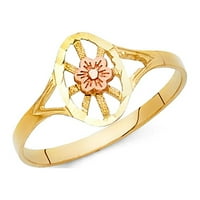 Čvrsti 14K žuti ružin zlatni ovalni prsten sa cvijećem Diamond Cut Fancy polirana dva tona, veličine