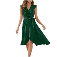 Ženske haljine bez rukava, dužina gležnja, ležerna sa solidnom V-izrezom ljetna haljina zelena xl