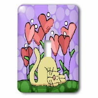 3Droza Valentinovo narodna umjetnost, Whimmical Heart cvjetni vrt s mačkom, ljubičastom pozadinom -