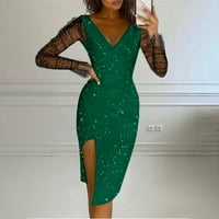 Bazyrey ljetne haljine za žene Solid Sesquin haljine ženski V-izrez seksi dugih rukava haljina zelena