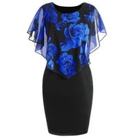 Cuoff ljetne haljine za žene modni casual ruža tiska šifon o-vrat ruffles mini haljina tamno plava 5xl