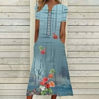 Ljetne casual midi haljine za žene retro cvjetni ispisani V izrez kratki rukav labav moder s dugim smjenama