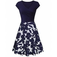 Ženski klirens cvjetni V-izrez kratki rukav A-line haljine casual kratke haljine, tamno plava, s