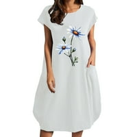 Puawkoer dama cvijeće ispisano labava haljina s kratkim rukavima za žene ljetne okrugle haljine sa džepom