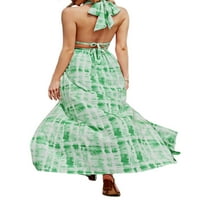 Biekopu ženska haljina od suksi leđa, kravata od ispisanog uzorka dubokim V-izrezom jednodijelni, zeleni