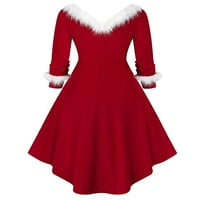 ZDCDCD žensko krzno V izrez dugih rukava Fuzzy perje čvrsta boja Hi-niska haljina Božićni festival