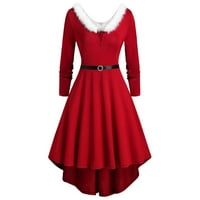 Božićna haljina, ženska plus veličina haljina od čvrsti dugi rukav božićni krzneni V-izrez nacrtaj ljuljašku
