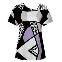 USMIXI Ženske majice Slash vrat kratki rukav Leopard Geometrijski print ljeto slatki vrhovi Vintage