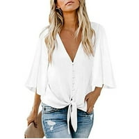 Cleance Womens Ljetni vrhovi rukav ženski bluza casual solid modni bluze V-izrez, bijeli, xl