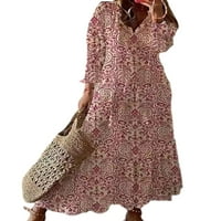 Colisha Women Maxi haljine V izrez Swing Haljina Cvjetni ispis Saobavi odmor Dugi rukav ružičasta m