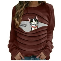 Plus veličine za žene kawaii majica s dugim rukavima CAT print o vrat majica patchwork pulover plus