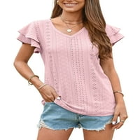 Voguele Dame Ljetni vrhovi V izrez majica kratki rukav majica za odmor TEE labav tunik bluza ružičasta