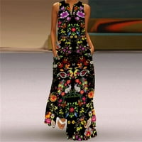 〖Roliyen〗 Ljetne haljine za žene Ljetni casual bez rukava cvjetni print V-izrez Maxi Labava haljina