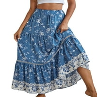 Prednjeg swwalk Ladies Labavi elastični suknje za struku Cvjetni print Vintage Maxi suknja Ljetna Flowy