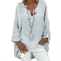 Žene V izrez posteljina majica s rukavom pamučnom bluzom Ljeto labavi fit casual tuntic tops siva -