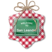 Božićni ukras zeleni putni znak Dobrodošli u San Leandro Red Plaid Neonblond