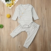Binpure beba prugasta odjeća set dugih rukava s rebrastim pletenom gumbom za pletenje ROMper + hlače