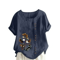 Lastsose Ljeto Žensko pamučno posteljina majica vrhovi labavi fit leptir Ispis kratkih rukava Bluze