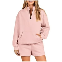 GUZOM Womens Sweatsuits Sets - Baggy Jesen Mekani povremeni paketip Up Up dugi rukav Top + kratke modne vježbe Postavite ružičastu veličinu S