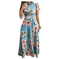 Ženske ljetne haljine za žene labave zabave tiskali su mini rukava s V-izrezom A-line haljina plava