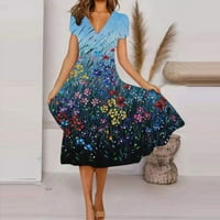 Ženska klirenska cvjetna V-izrez kratki rukav A-line casual ležerne haljine srednje dužine, nebo plavo,