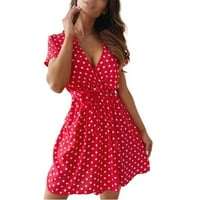 Kratki rukav tiskani polka točka čipke up haljina za žene Ljeto Ženska casual haljina crvena s
