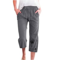 Borniu Capris za žene, Ležerne prilike ispisa elastične loze hlače, ravne široke nogu pantalone sa džepom, obrezive hlače