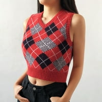 DTIDTPE ženska casual pletena pletena tenka vrhunska pletena naprijed stil V-izrez prsluk džemper crvena