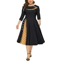 Haljine za žene modni retro dugih rukava okrugli vrat Čvrsta boja tačke struka Swing haljina crna m