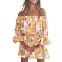 Ženska ljetna modna modna ramena cvjetna print plaža haljina, žuta-2xl