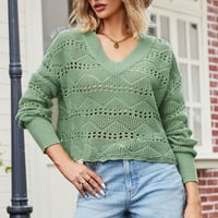 HVYesh Žene izdužene duge sa dugim rukavima Trendy V pulover pulover, kukičani džemperi za žene Ležerne