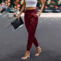 Knqrhpse hlače za žene Žene satenske elastične struke džepove ležerne hlače široke pantalone za noge