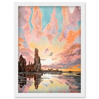 Atmosferski oblak Reflections Mono jezero Pastel ružičasta boja Moderna akvarelna slika Umetnička djela
