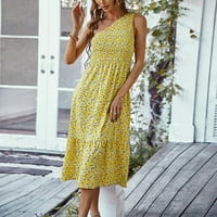 CETHRIO MIDI haljina - modni ljetni tiskani jedno rame bez rukava s rukavima duga haljina žuta