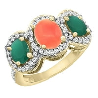 10k žuti zlatni prirodni coral & cabochon smaragd 3-kameni prsten ovalni dijamant akcent, veličina 8.5