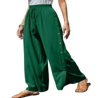 Nizine palazzo pant tasteri dno se bave hlače u boji, casual pantalone elastični struk tamnozeleni m