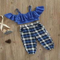Modna dječja djevojka odjeća od ramena ruffle let majica + plairani zapisni hlače setovi plave 1- godine