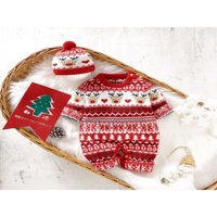 Qinghua Novorođenčad Dječak Božićni pleteni odijelo Tree Elk Print Dugi rukav Rameljni kombinent + šešir
