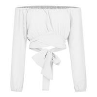 Ljetni vrhovi za žensku pulover bluzu V-izrez s dugim rukavima bijeli XL