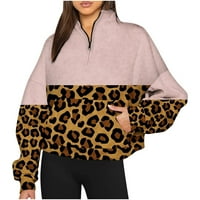 TOQOT WOMENS dukseri - Leopard pada pad poklopca pulover Polovina pauze, ležerna dugih rukava Aktivna