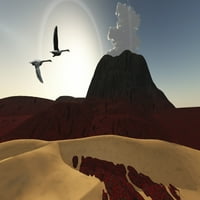 Dva labud lete preko hlađenja lava protoka iz nedavno aktivnog otiska vulkana