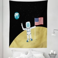 Mjesec tapestrija, astronauta na svemirskom putovanju Prvi muškarac zastava Zemlja ilustracija, tkanina zidni dekor za spavaću sobu dnevni boravak spavaonice, veličine, drveni ugljen sivi kaki i bijeli