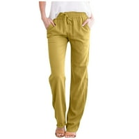 Ženske ljetne casual posteljine pantalone labave ravne noge elastične strugove džepova Duksevi žuti l