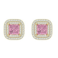2. CT Sjajno princeze rezane halo ružičasti ružičasti dijamant 14k žuti zlatni minđuše vijak nazad