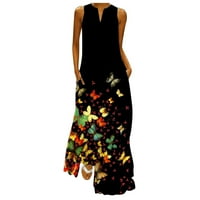 Ljetne haljine za žensko dugačko boemsko bez rukava A-line cvjetni zarezni izlazak iz vrata Dress Black