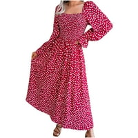 Ženski dugi rukav dugačak haljina kvadratna vrata Boho cvjetni print Visoko struk Flowy Swing Fall Maxi