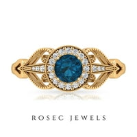 CT elegantan London Blue Topaz i dijamantni zaručni prsten sa Milgrain detaljima, 14k žuto zlato, US